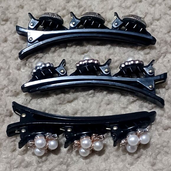 Sparkling Faux Pearl, Rhinestone, Crystal Gold-Tone Black Hair Clip, Set of 3 - Picture 2 of 3